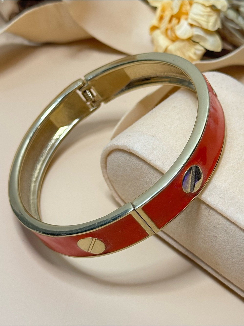 Orange Enamel Gold Tone Hinged Bangle Bracelet Screw Motif Statement Jewelry